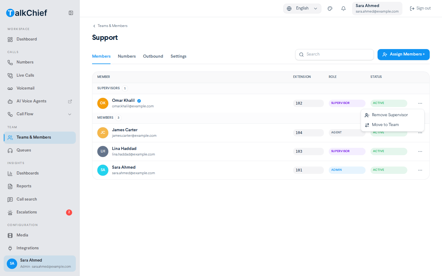 Team detail page for a demo Support team on the Members tab with one supervisor and three members, and the Actions menu open