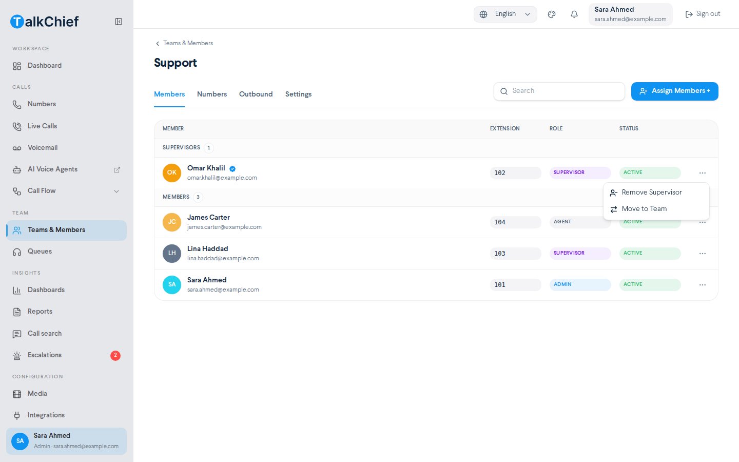 Team detail page for a demo Support team on the Members tab with one supervisor and three members, and the Actions menu open