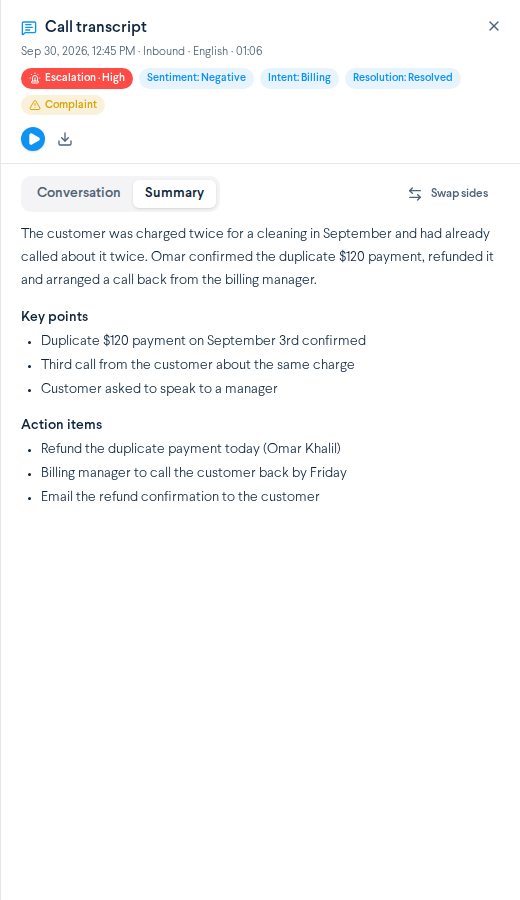 Call transcript drawer, Summary tab with a short summary paragraph, a Key points list and an Action items list