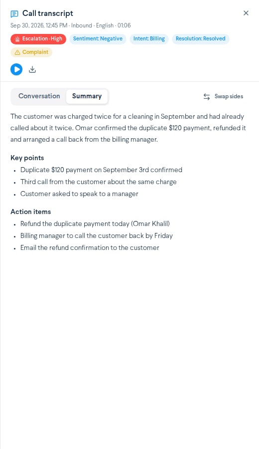 Call transcript drawer, Summary tab with a short summary paragraph, a Key points list and an Action items list