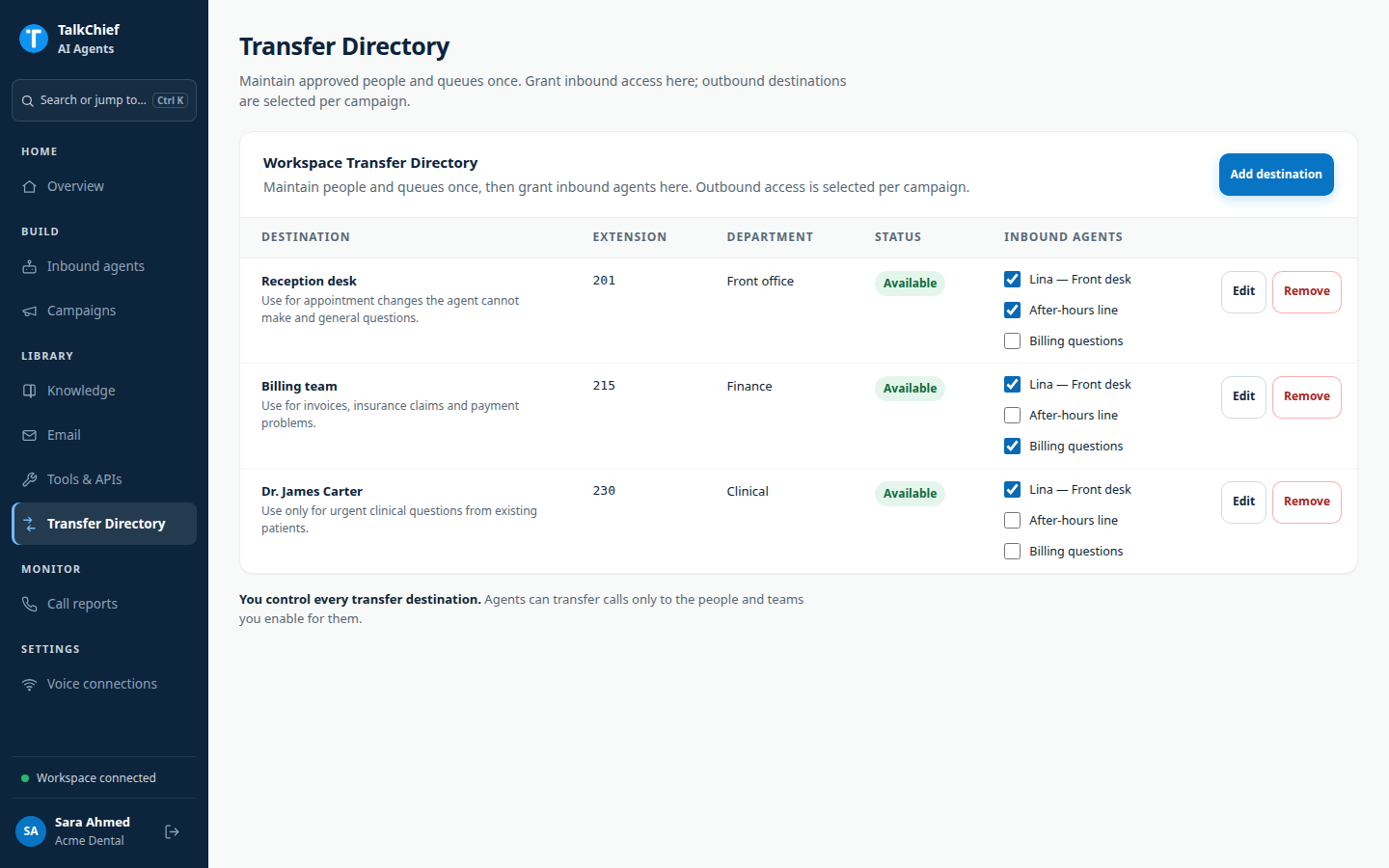 The Transfer Directory table with three fake destinations, their extensions, departments, Available status, and inbound agent checkboxes.
