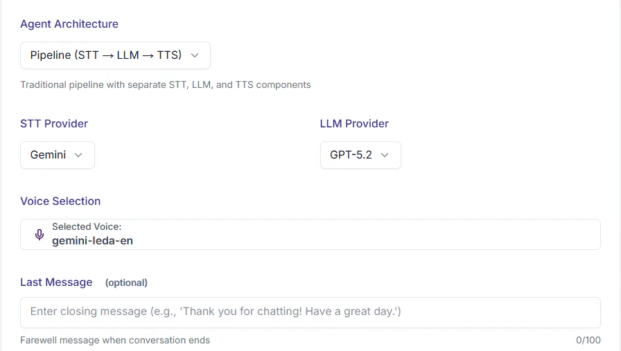 Pipeline configuration — Voice, LLM, STT