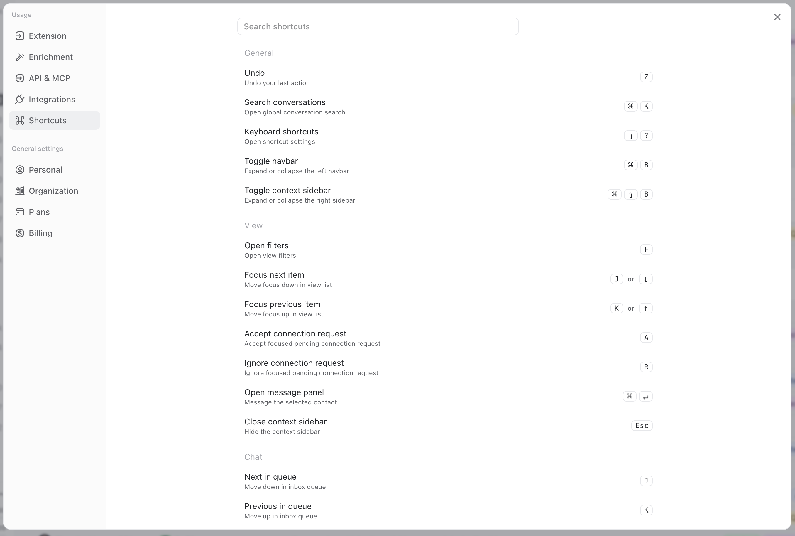 Shortcuts Settings