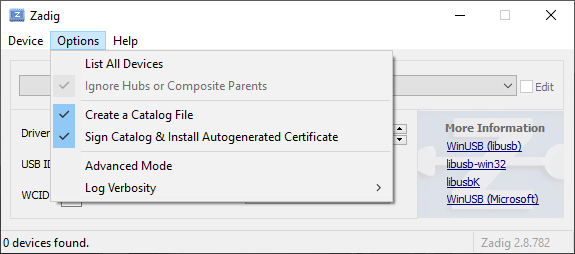 Zadig Options menu with List All Devices ticked