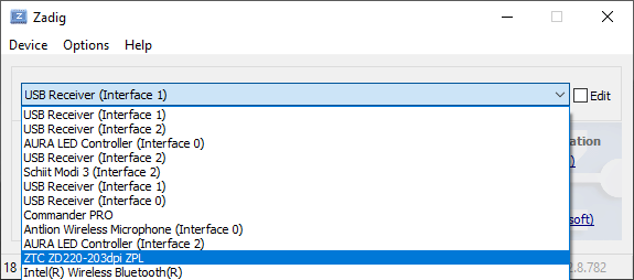 Zadig device dropdown with a Zebra ZD220 printer highlighted