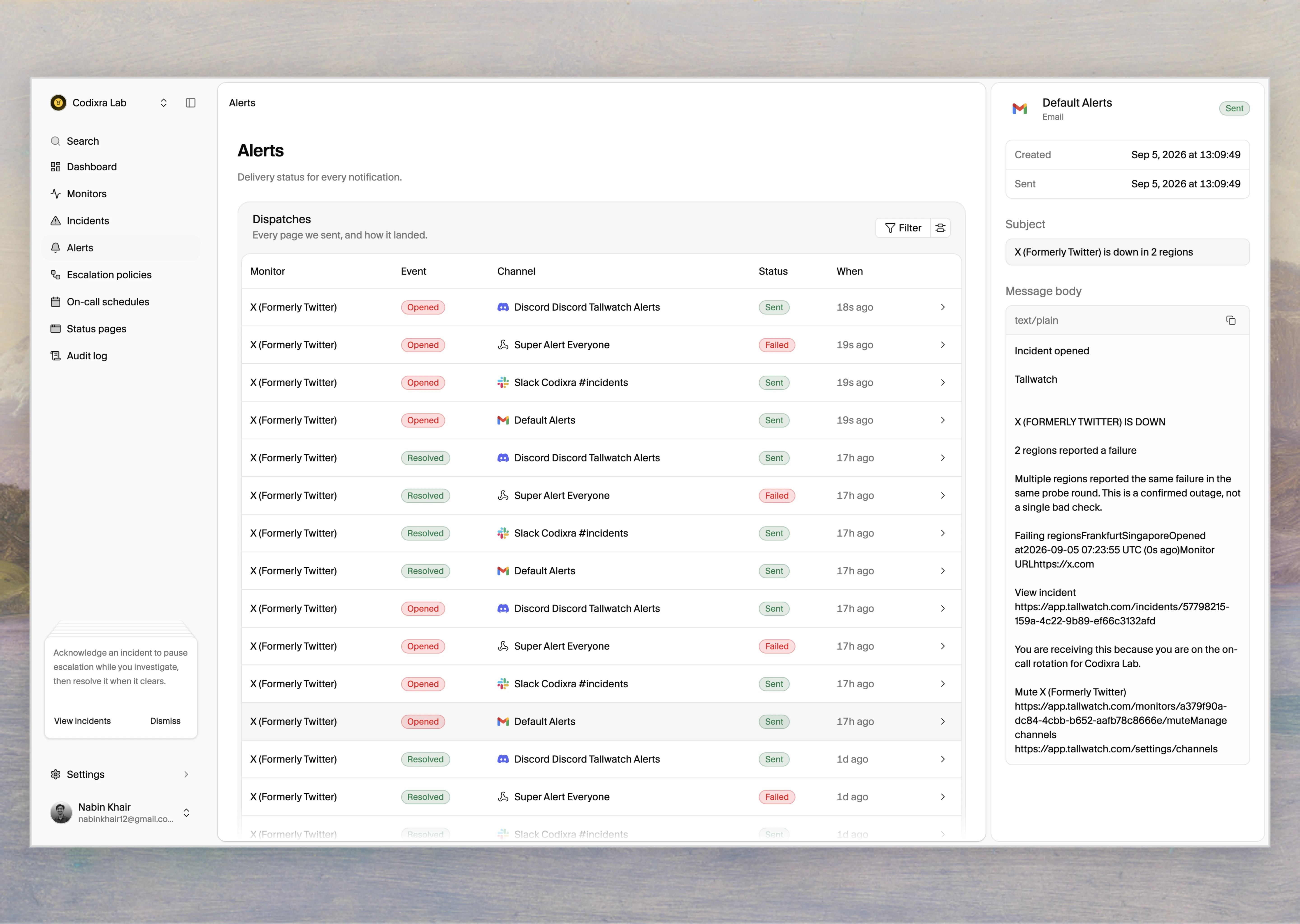 Alerts dispatch list with an email message open
