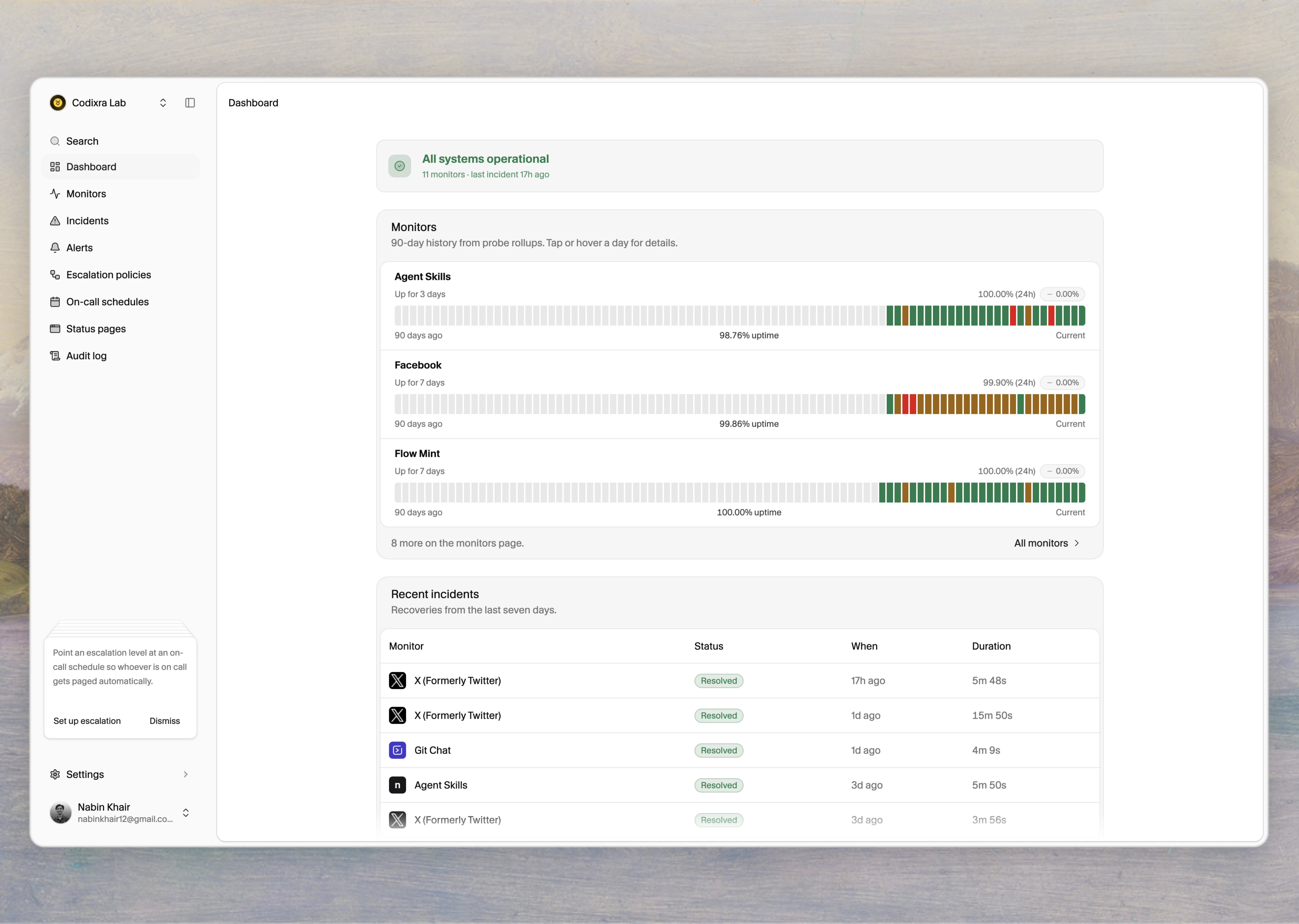 Tallwatch dashboard with monitor uptime and recent incidents