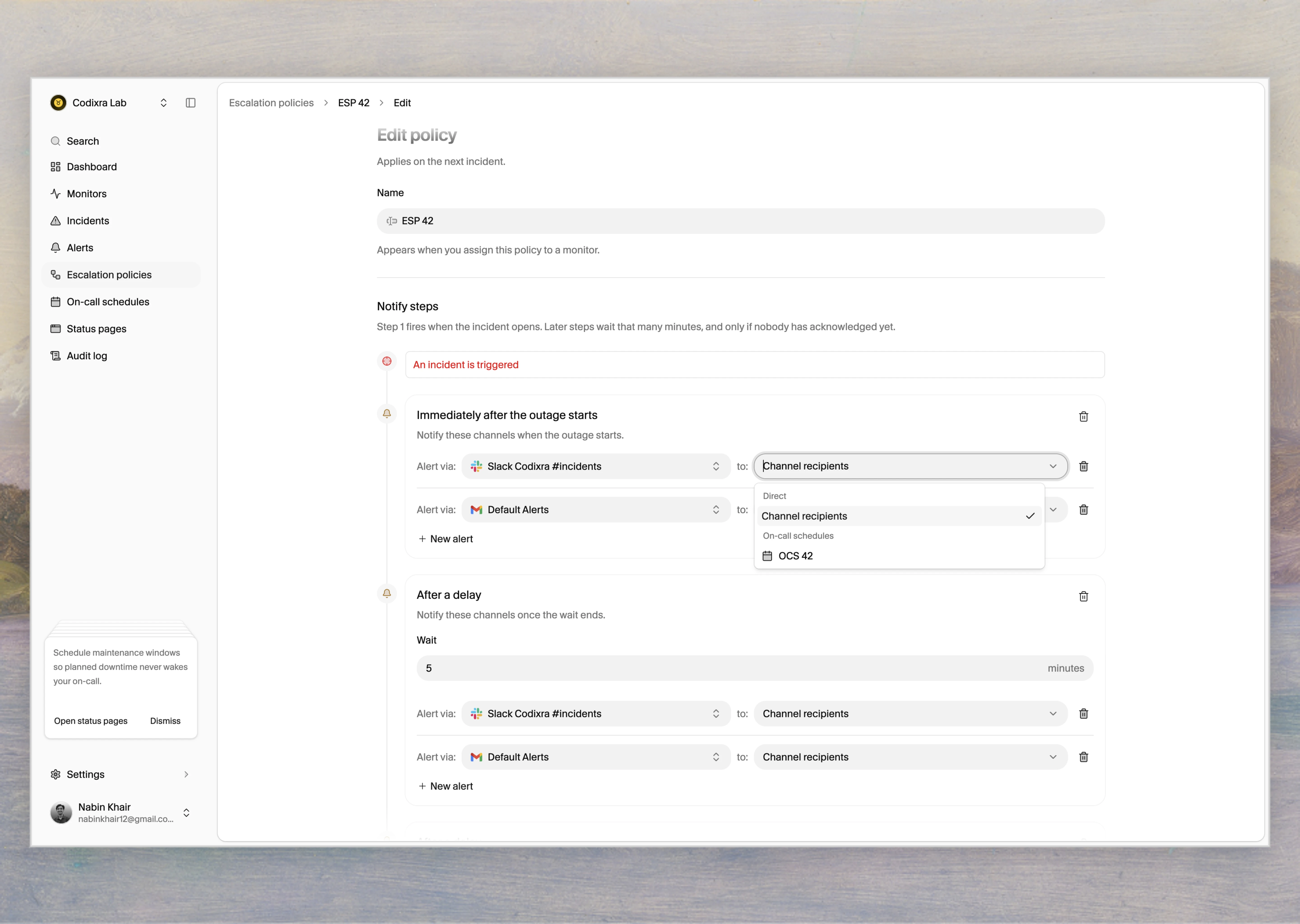 Escalation policy editor with notify steps for Slack and email