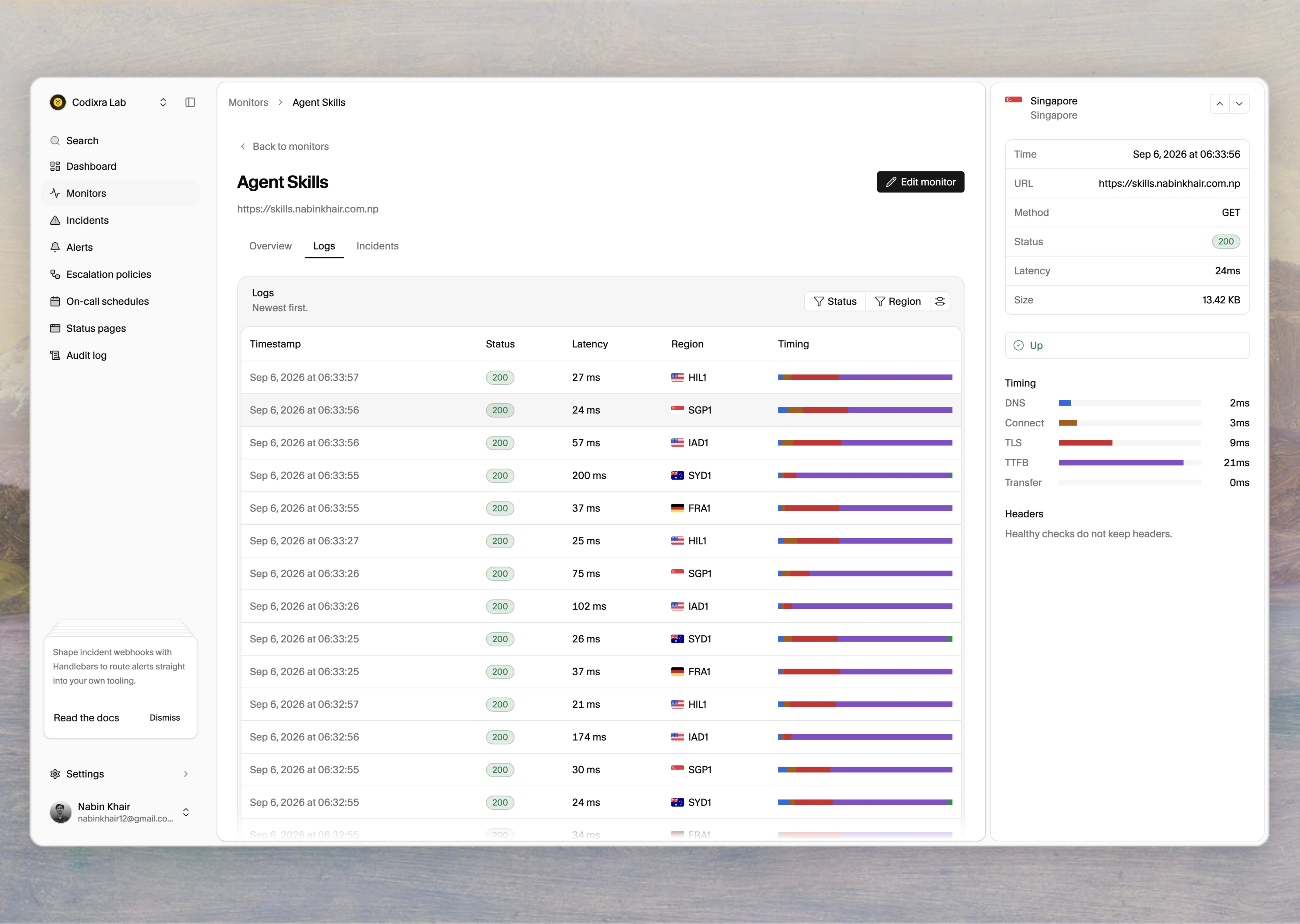 Monitor Logs with per-region checks and timing detail