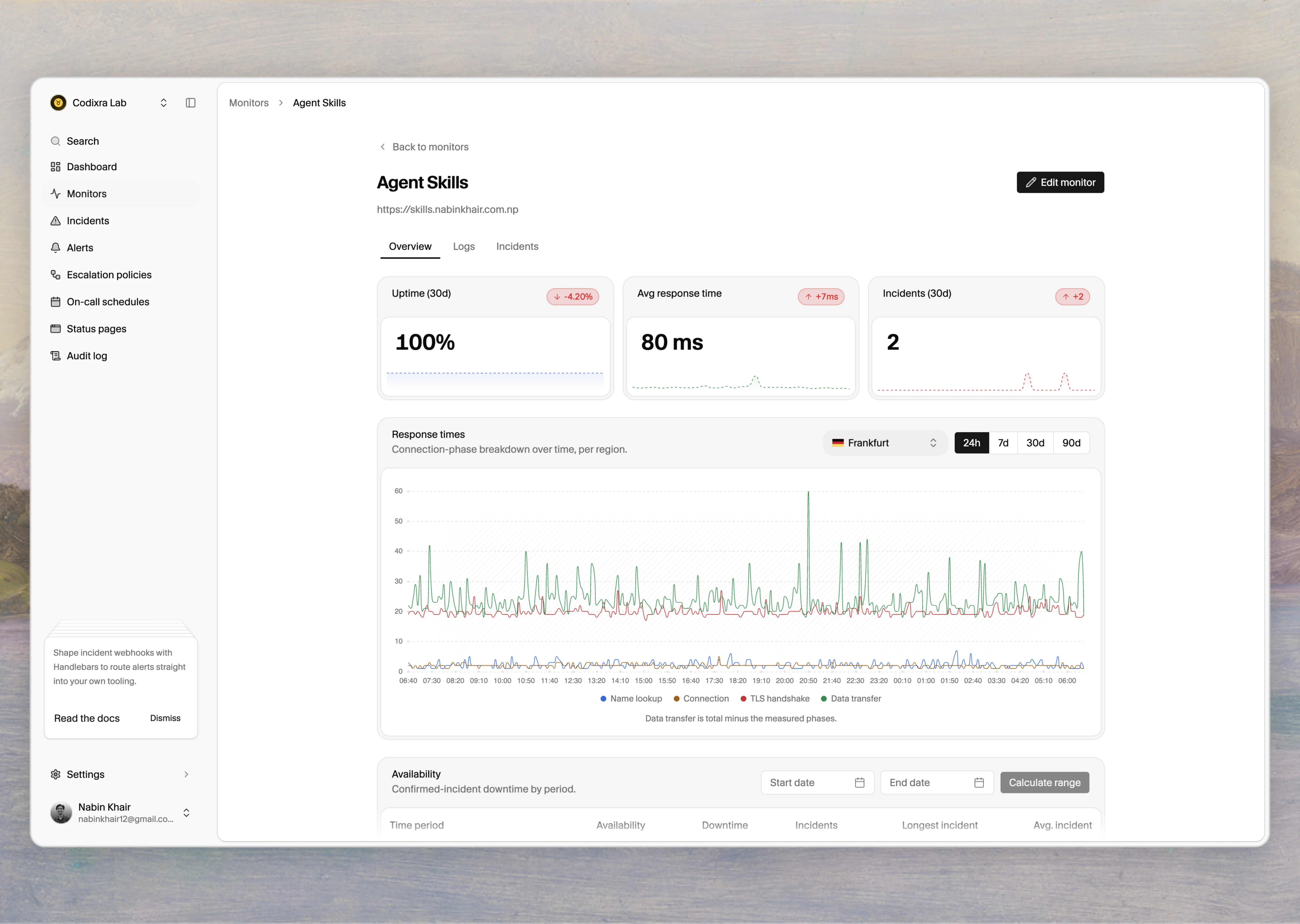 Monitor Overview with uptime KPIs and response-time chart