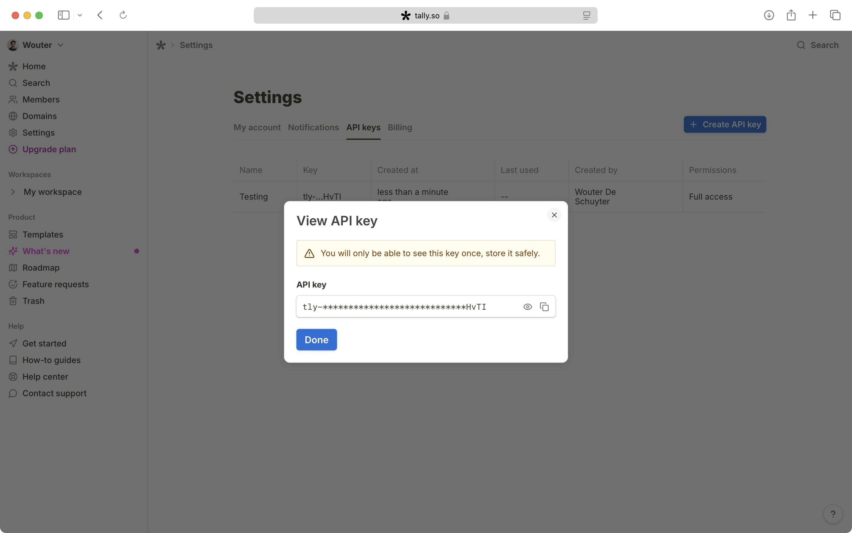 API key created