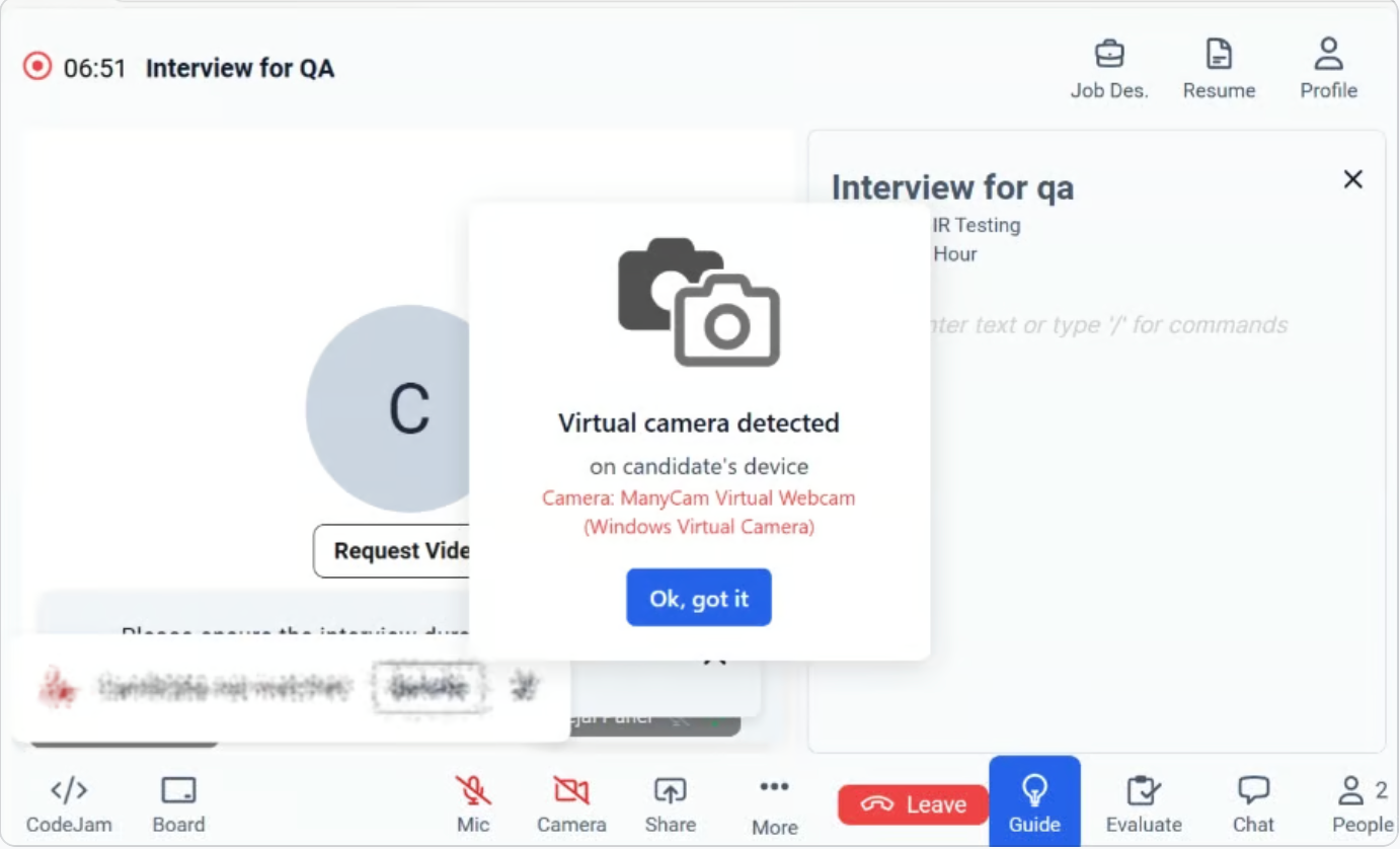 How am I notified when a Virtual camera is detected from a candidate ...