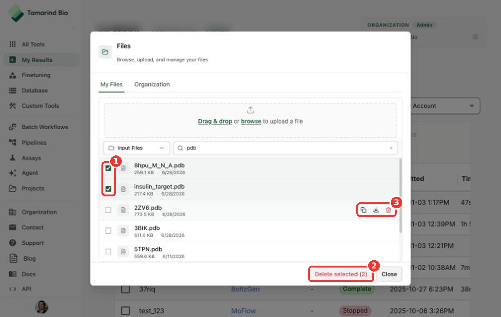 Select files, then click Delete selected
