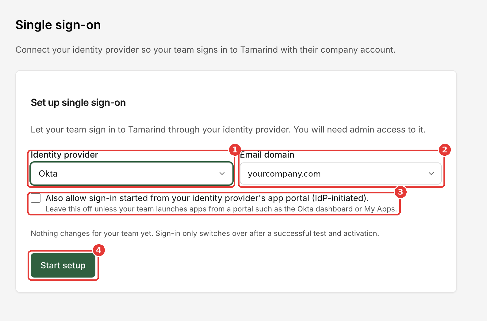 Choose an identity provider and email domain, then click Start setup