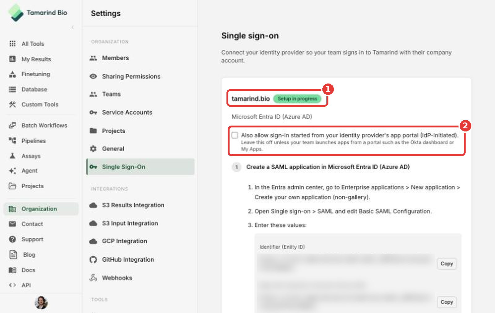 SSO connection overview showing domain status and the IdP-initiated option