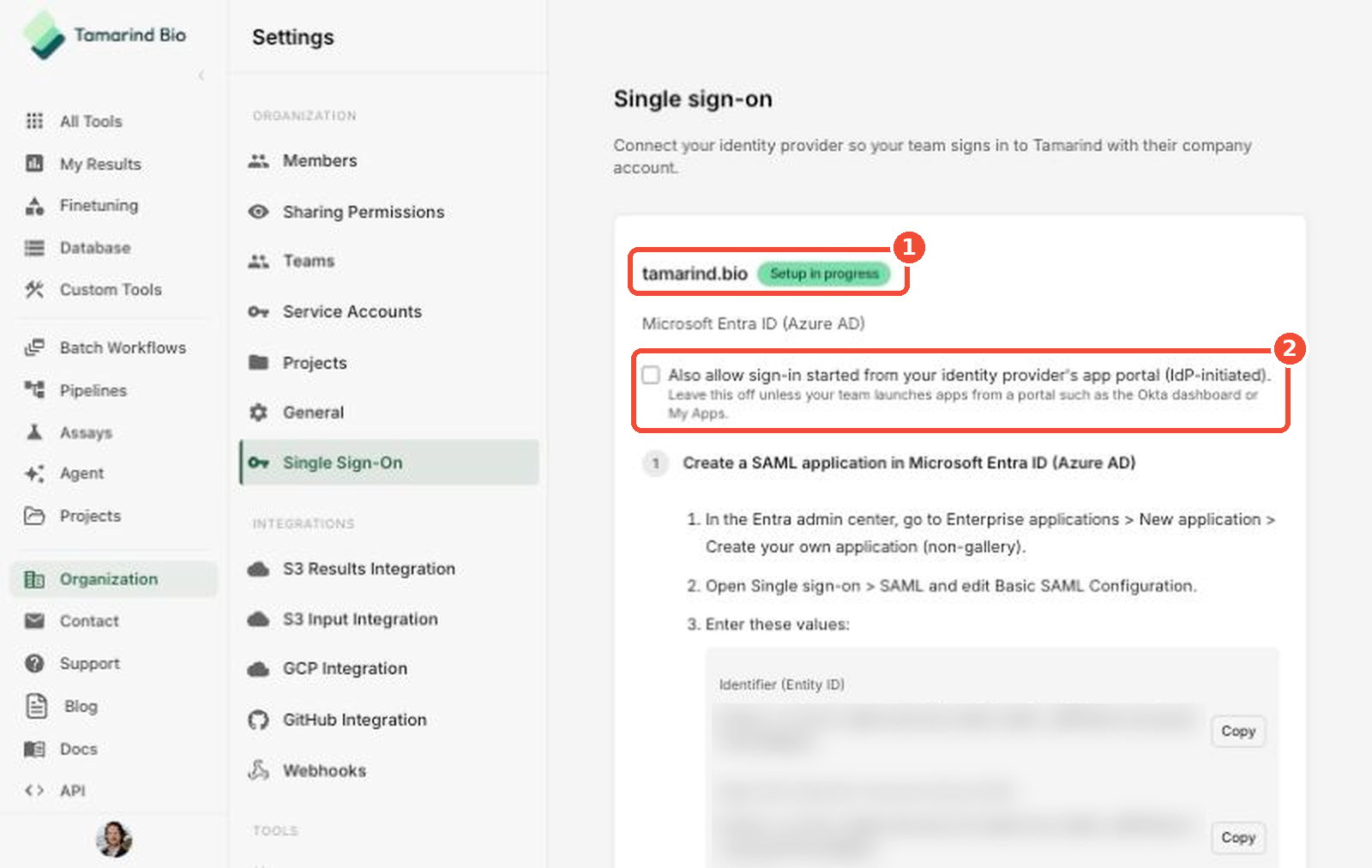 SSO connection overview showing domain status and the IdP-initiated option