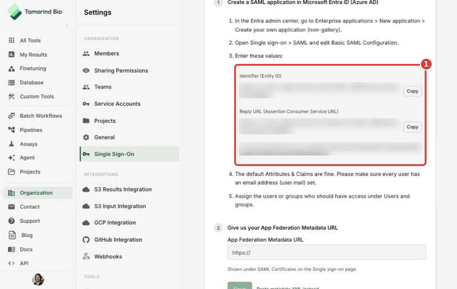 Copy the Entity ID and Reply URL from Tamarind