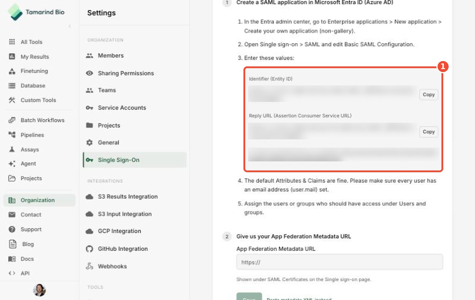Copy the Entity ID and Reply URL from Tamarind