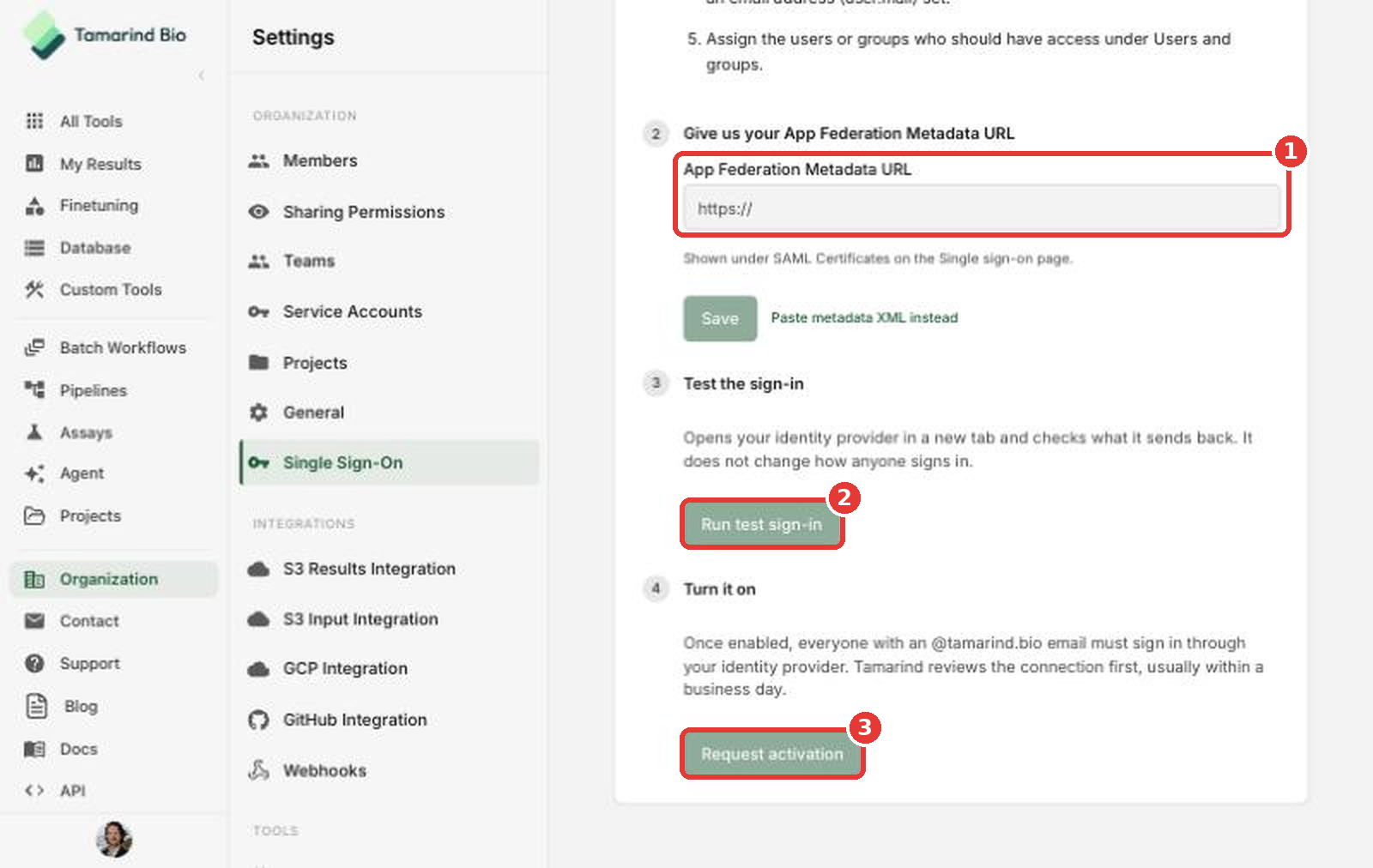 Paste the metadata URL, run the test sign-in, then request activation