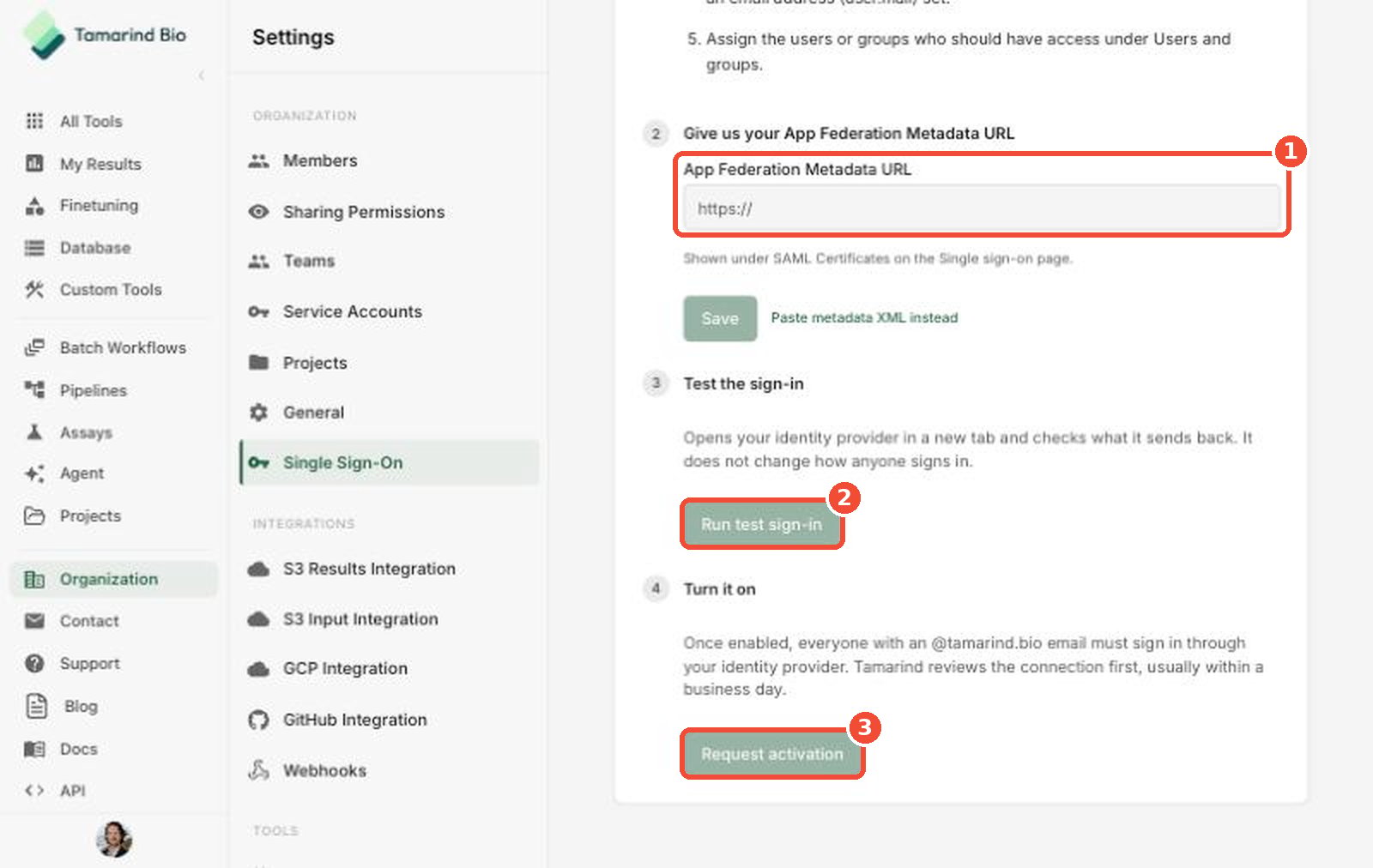 Paste the metadata URL, run the test sign-in, then request activation