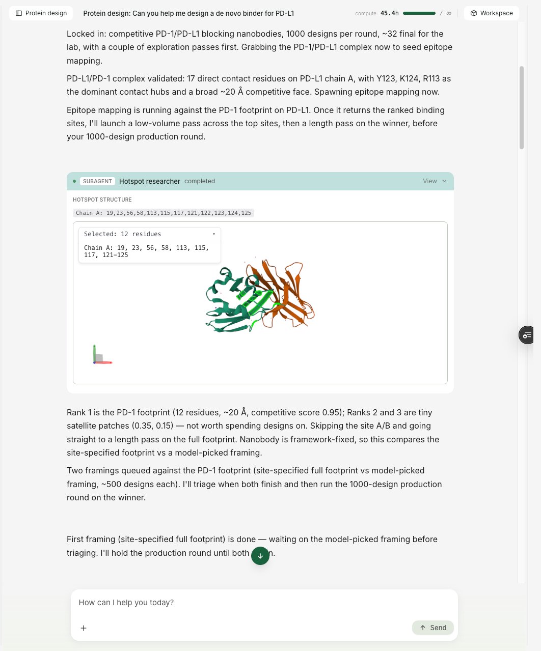 The agent maps the epitope on the target structure and highlights the residues to design against