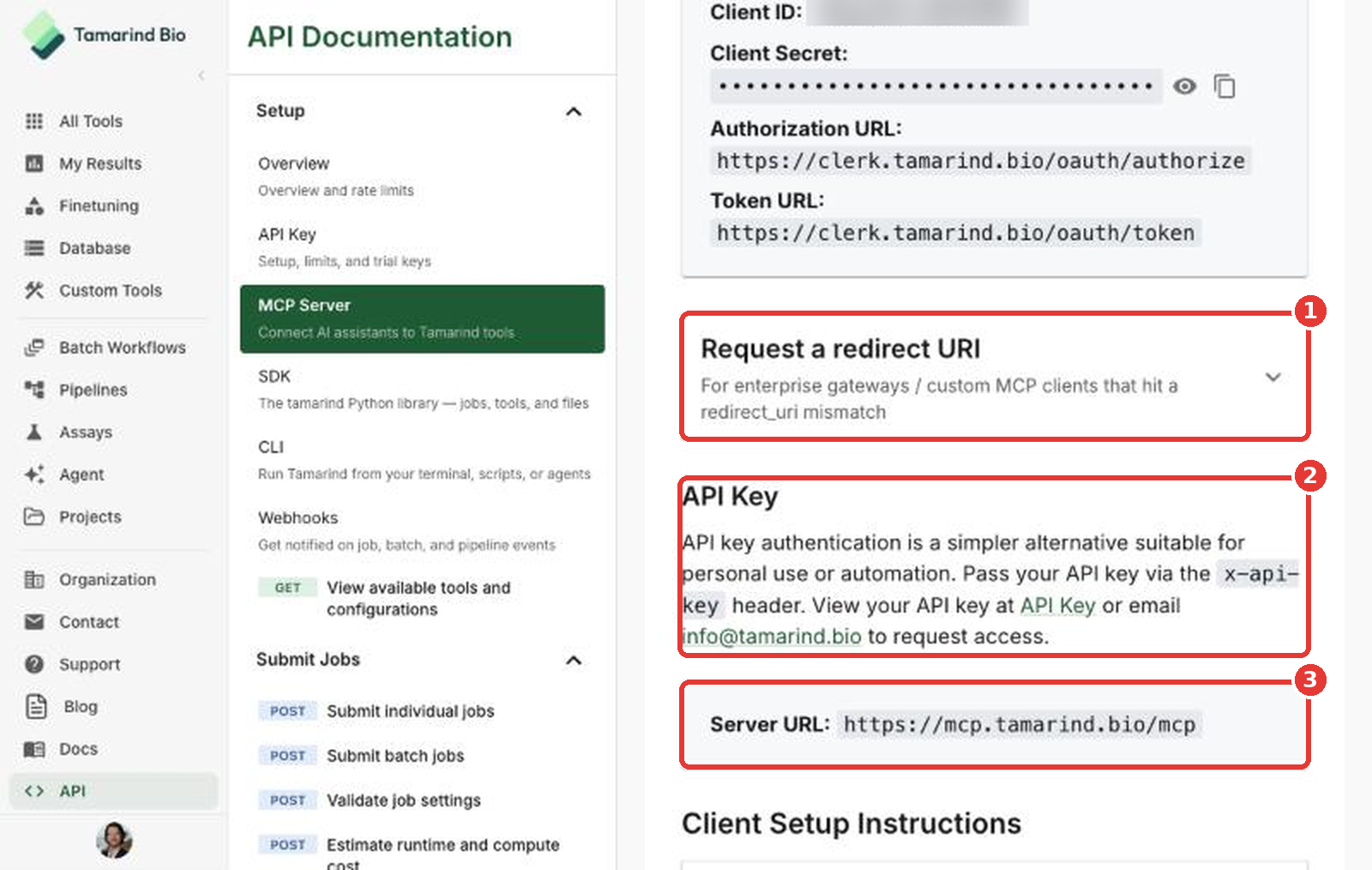 Redirect URI request, API key, and Server URL