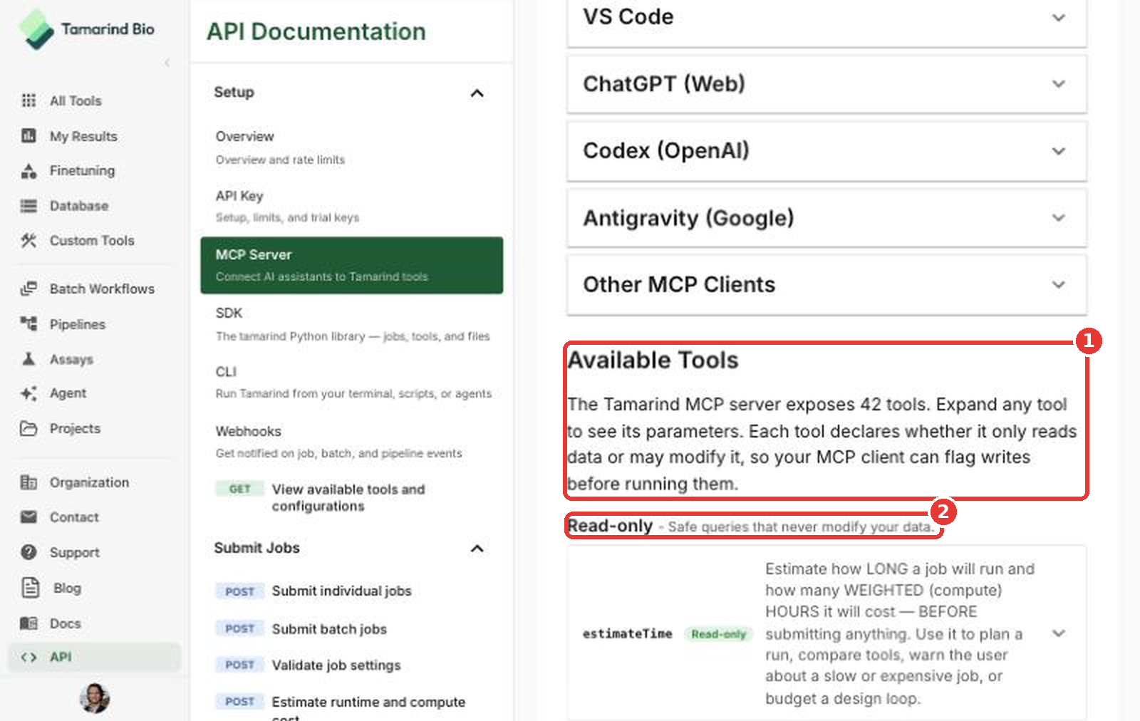 Available tools on the MCP Server page