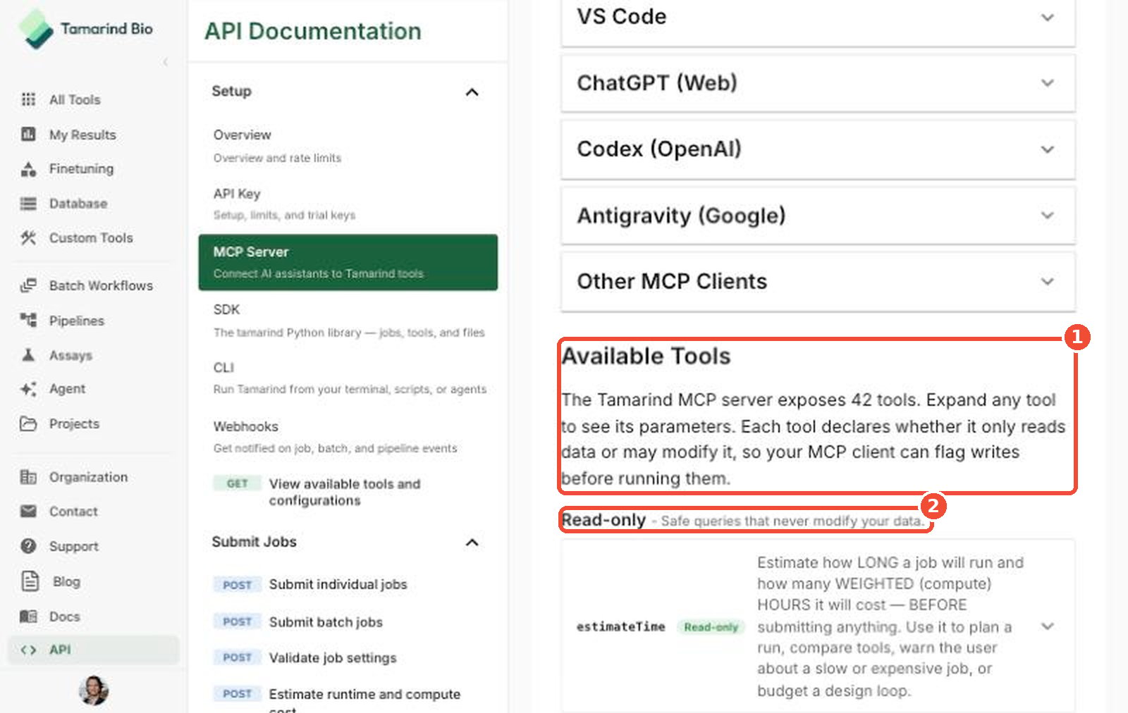 Available tools on the MCP Server page