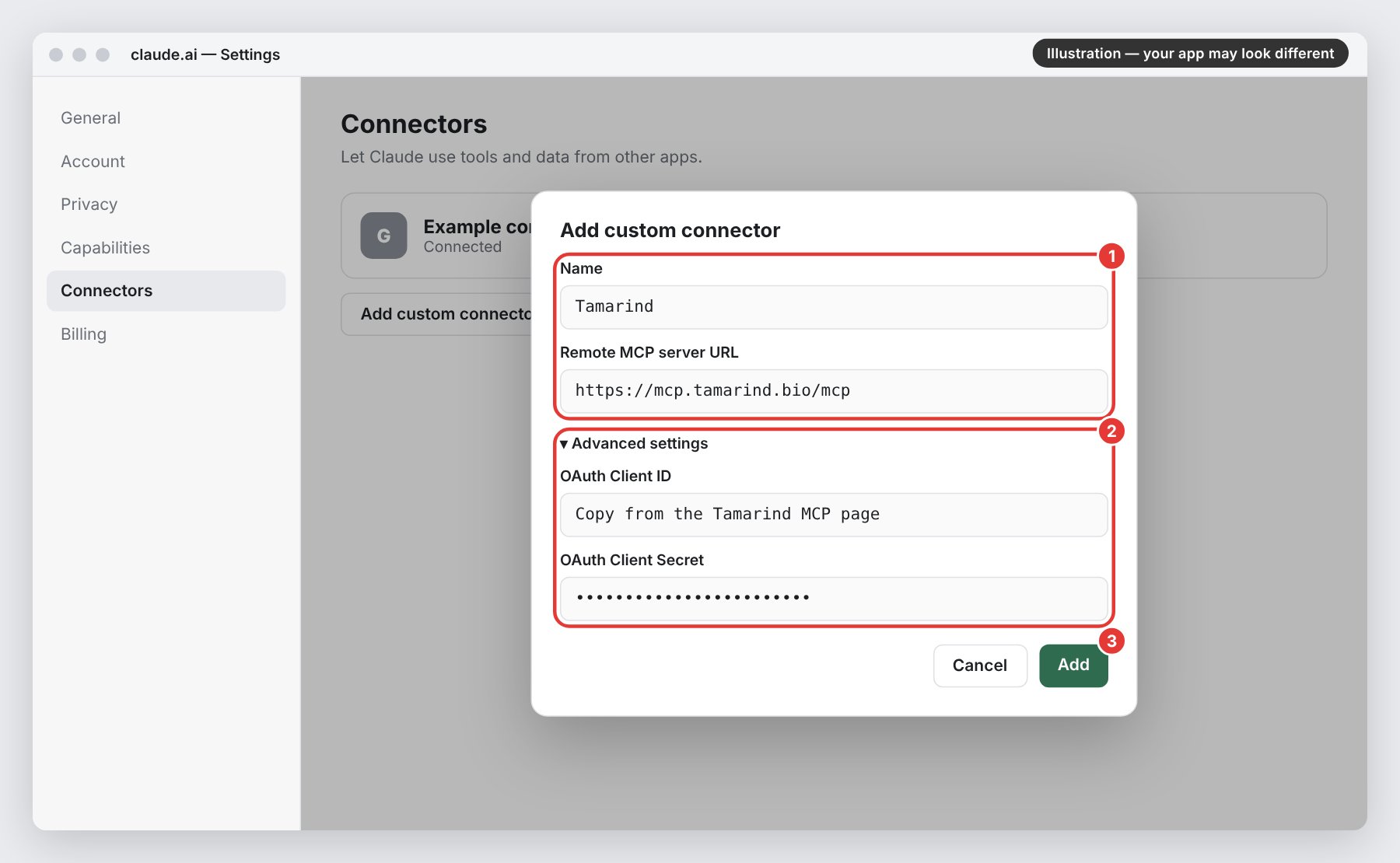 Illustration: adding Tamarind as a custom connector in Claude.ai