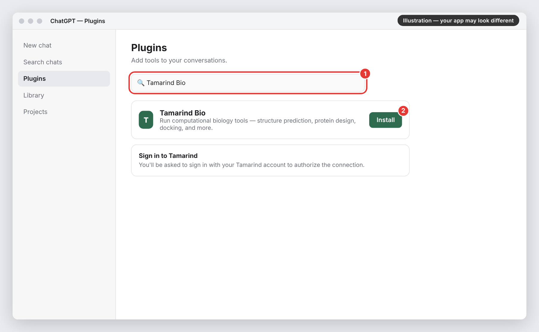 Illustration: installing Tamarind Bio in ChatGPT