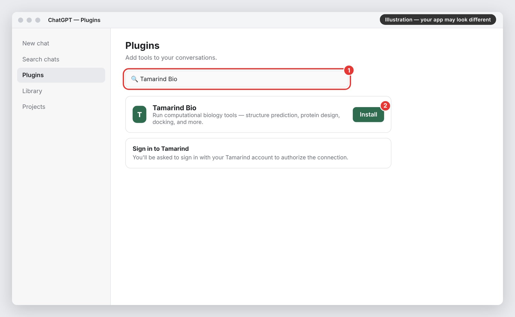 Illustration: installing Tamarind Bio in ChatGPT