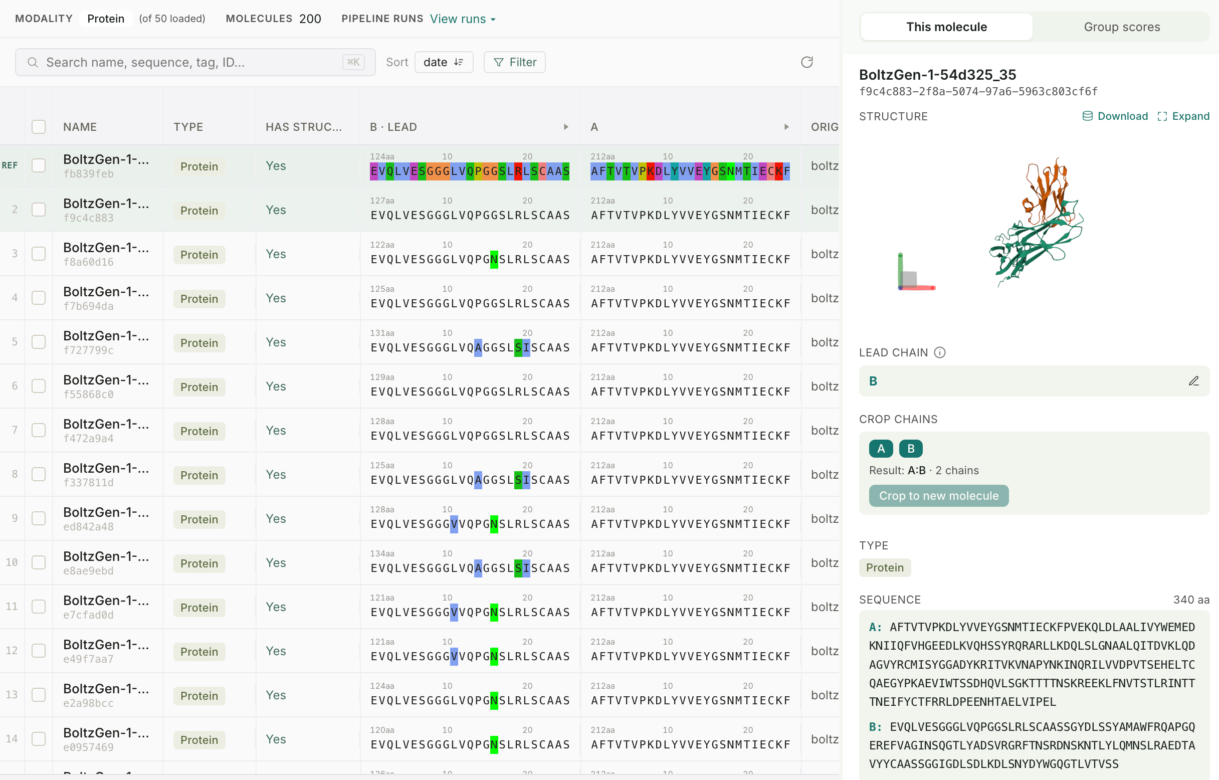 The Tamarind molecular database: a list of molecules with their chains and scores, and a detail panel showing a molecule's structure, chains, and sequence.