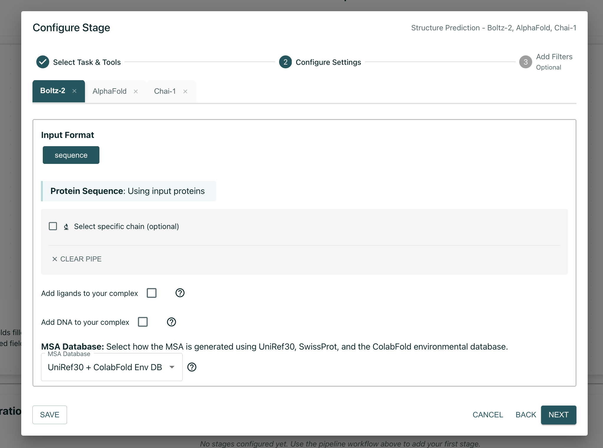 Pipelines settings example