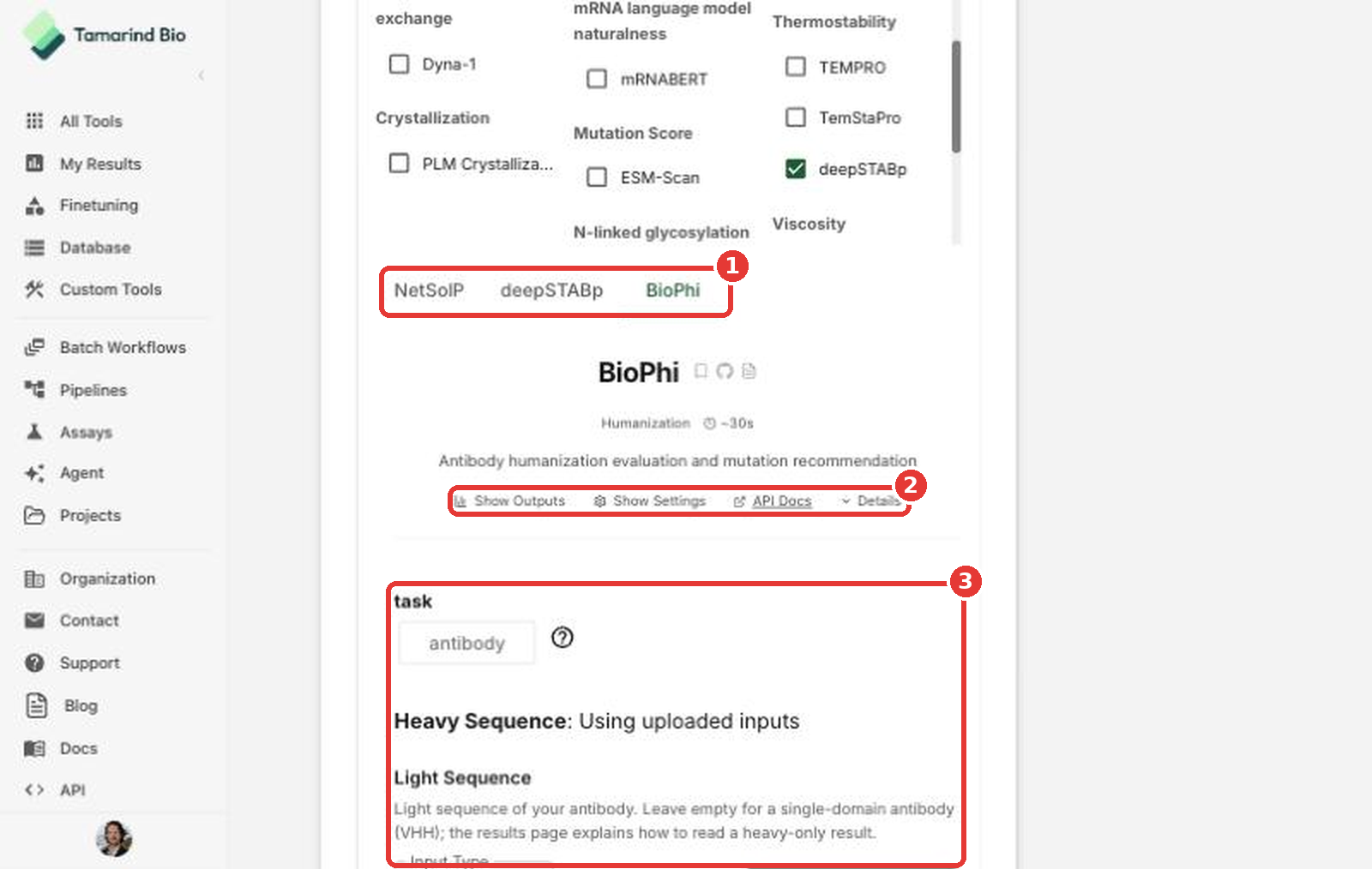 Settings for each selected tool