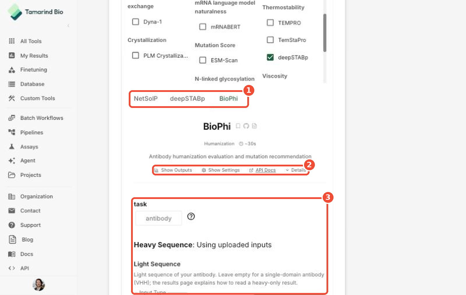 Settings for each selected tool