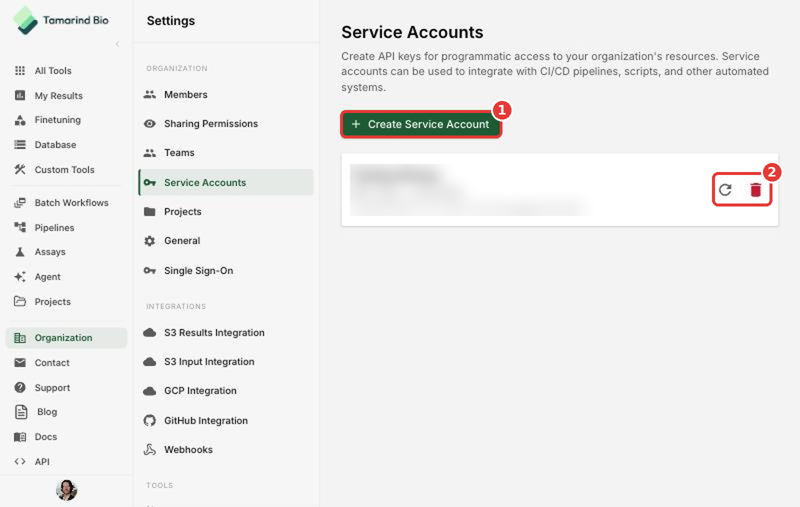 Service Accounts page