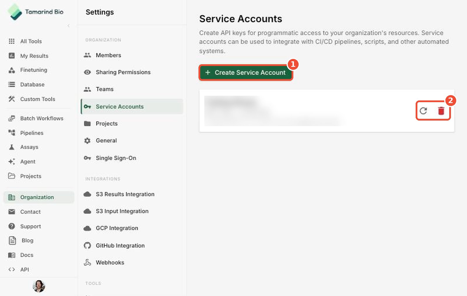 Service Accounts page