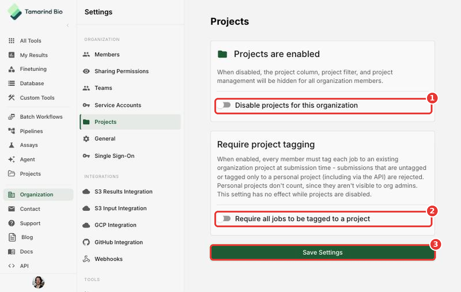 Projects settings page