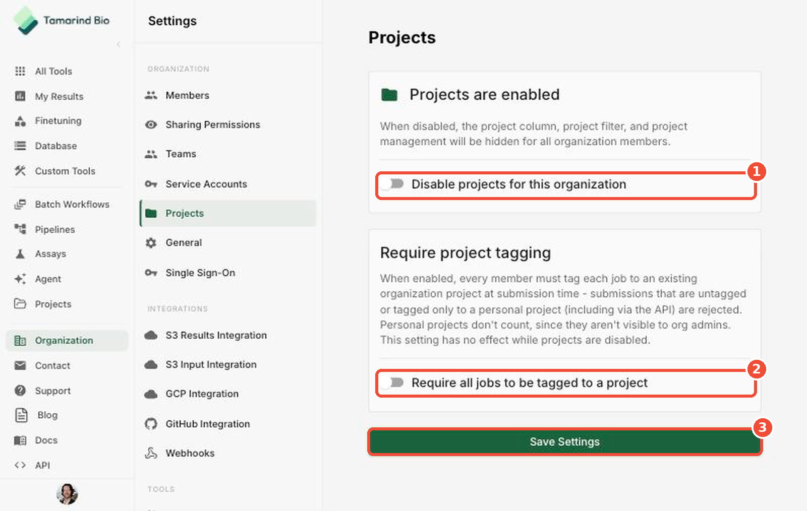 Projects settings page
