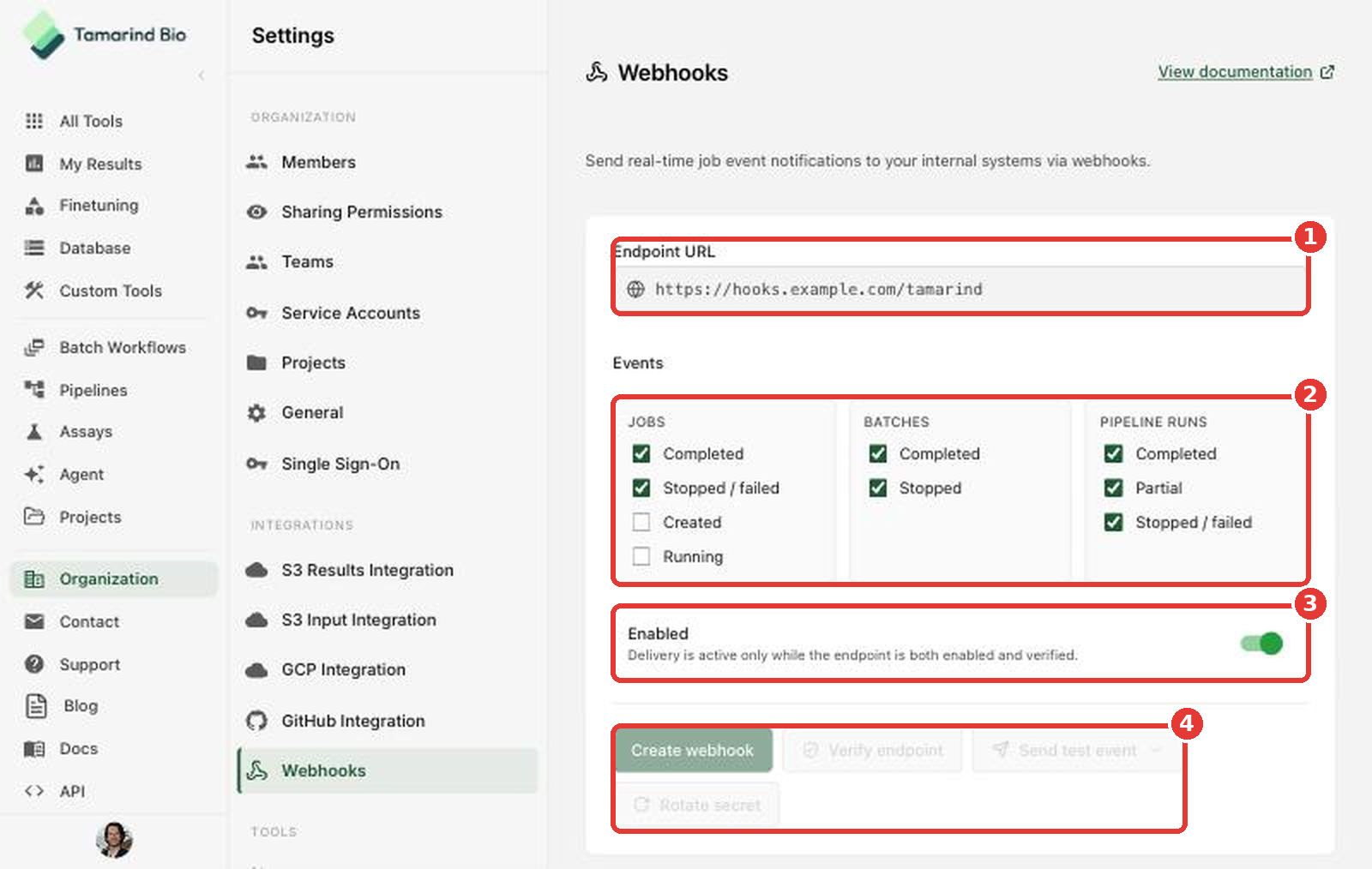 Webhooks page