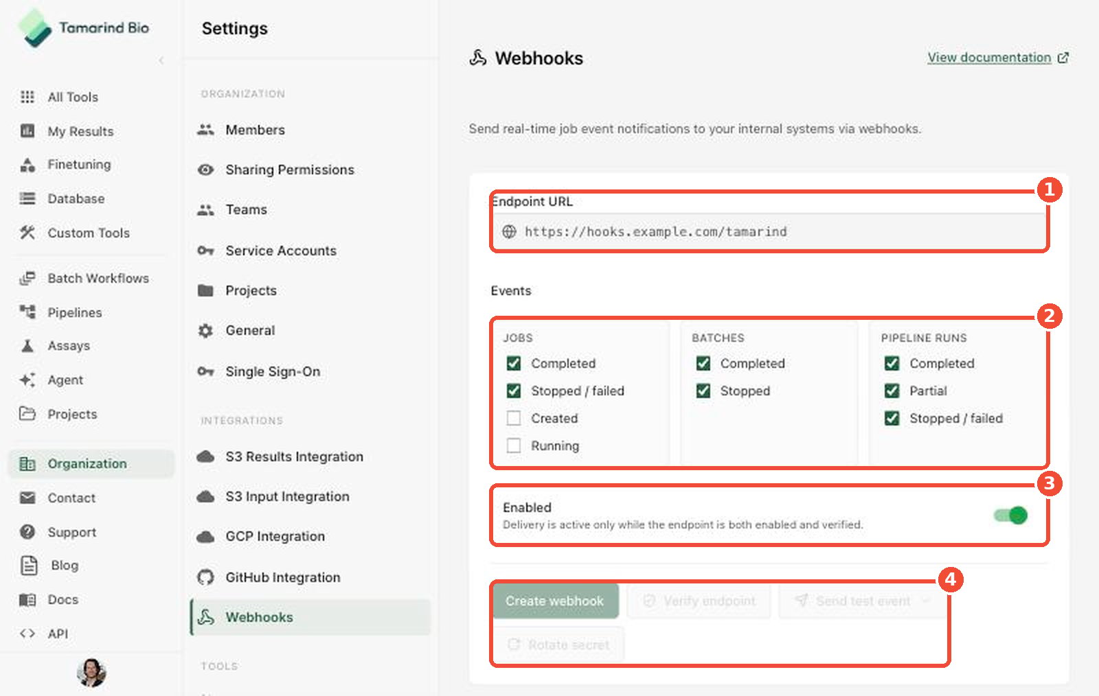 Webhooks page