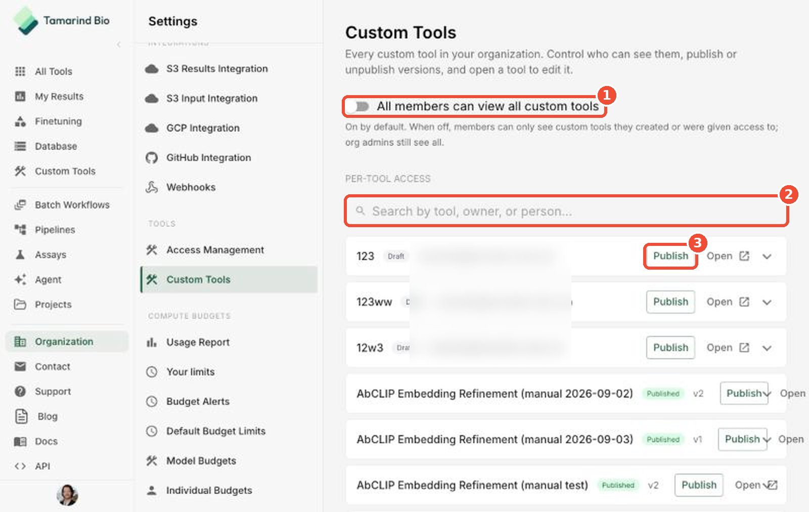 Custom Tools page