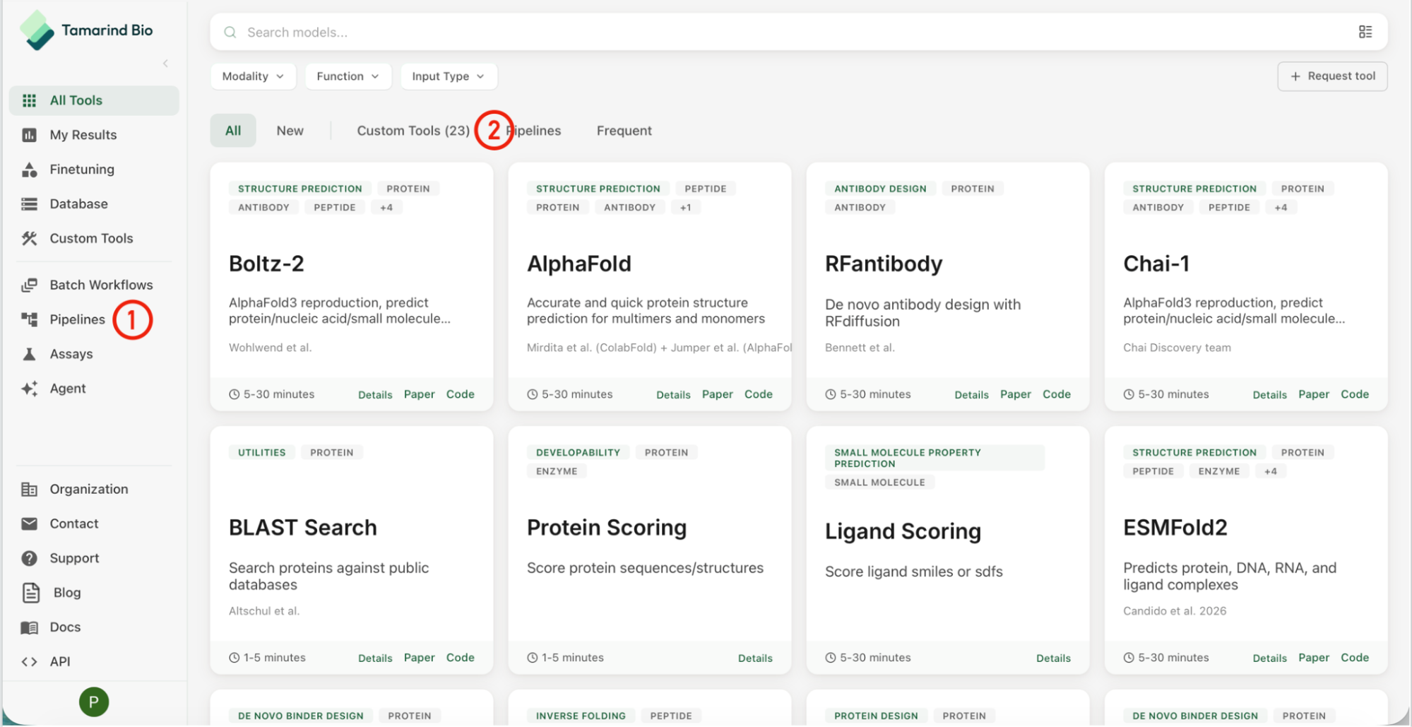 Left sidebar of the Tamarind app with the Pipelines tab (1) numbered, next to the All Tools page filtered to the Pipelines chip (2).