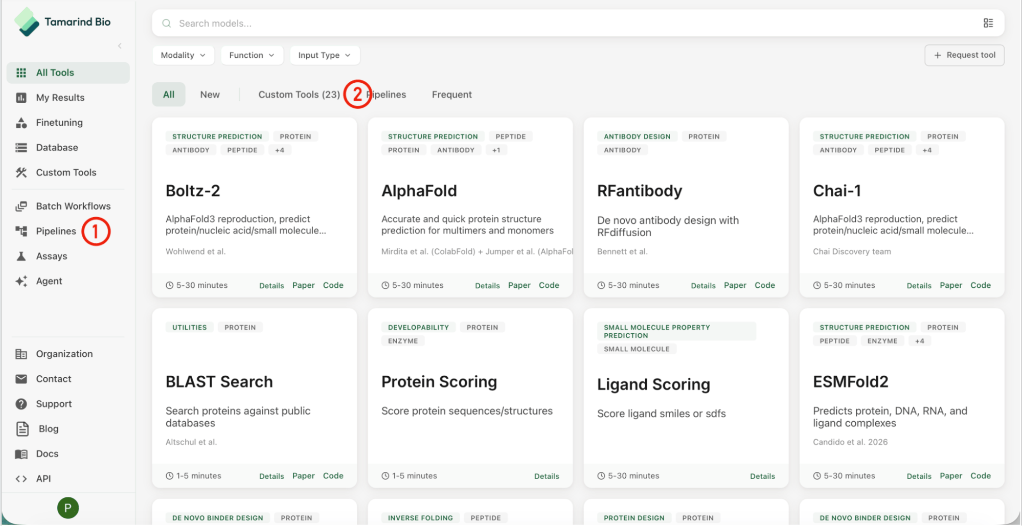 Left sidebar of the Tamarind app with the Pipelines tab (1) numbered, next to the All Tools page filtered to the Pipelines chip (2).
