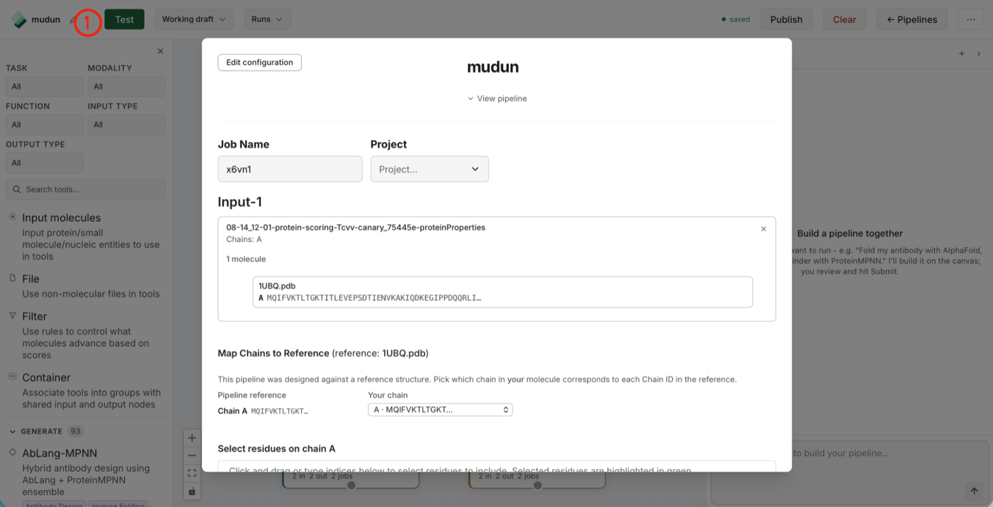 Pipeline editor with the Test button highlighted in the top-left (1), opening a test-run submission dialog.