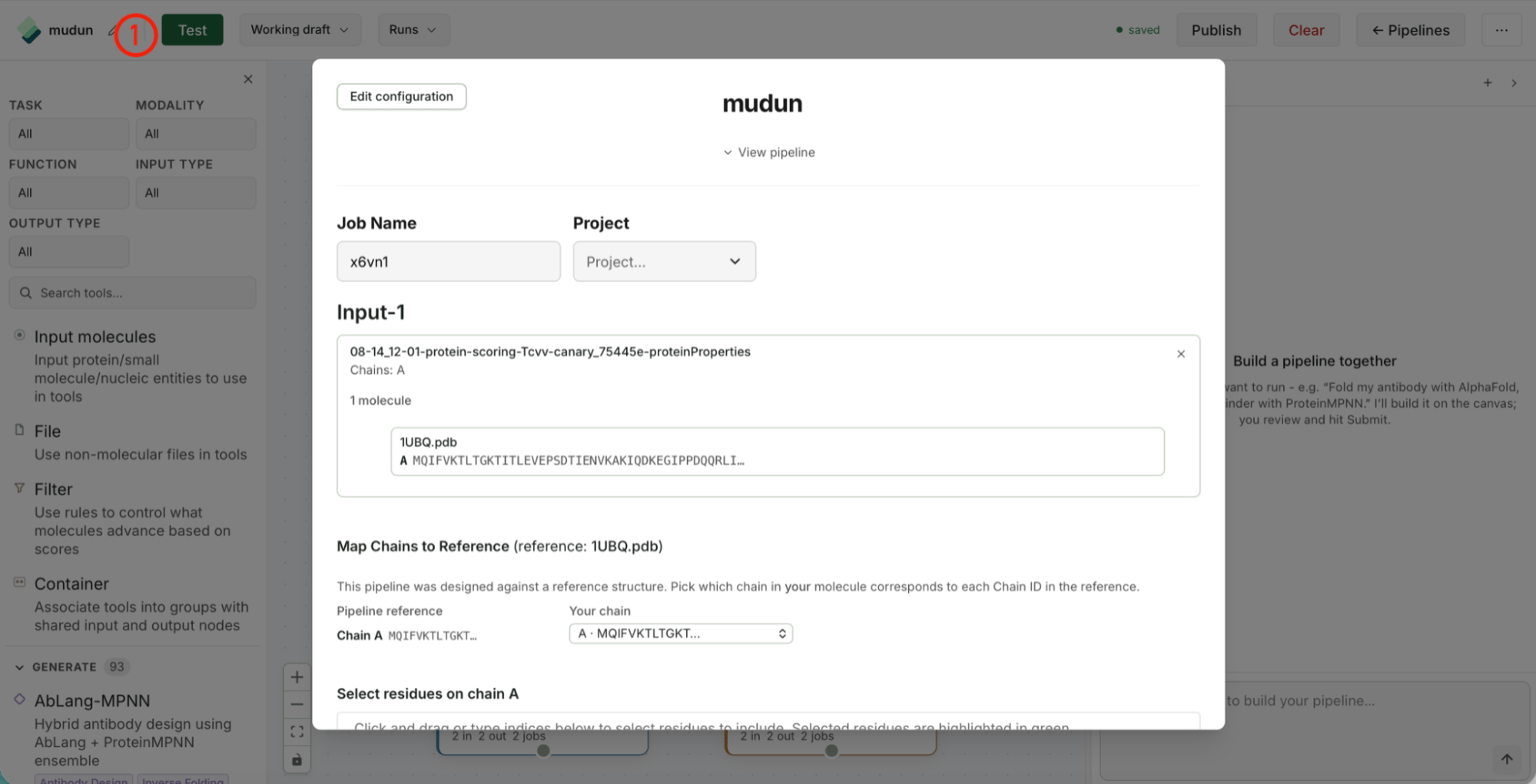 Pipeline editor with the Test button highlighted in the top-left (1), opening a test-run submission dialog.