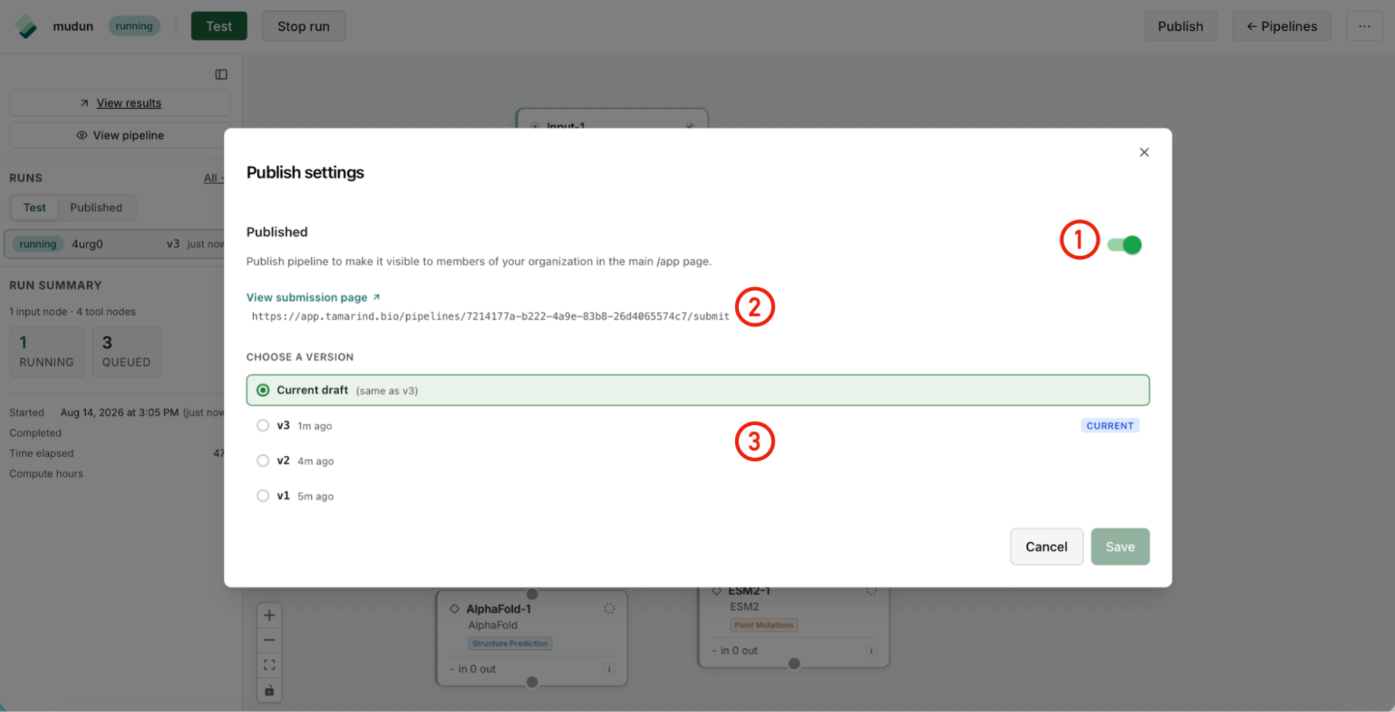 Publish settings dialog: the publish toggle (1), a link to the submission page (2), and the version picker (3).