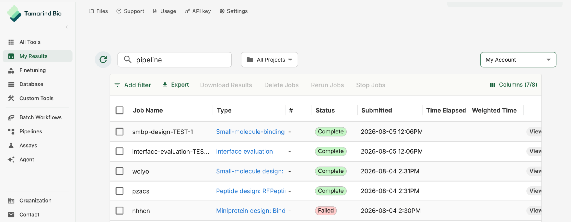 My Results tab filtered to "pipeline" — completed pipeline runs listed alongside other jobs, with type, status, and submission time.