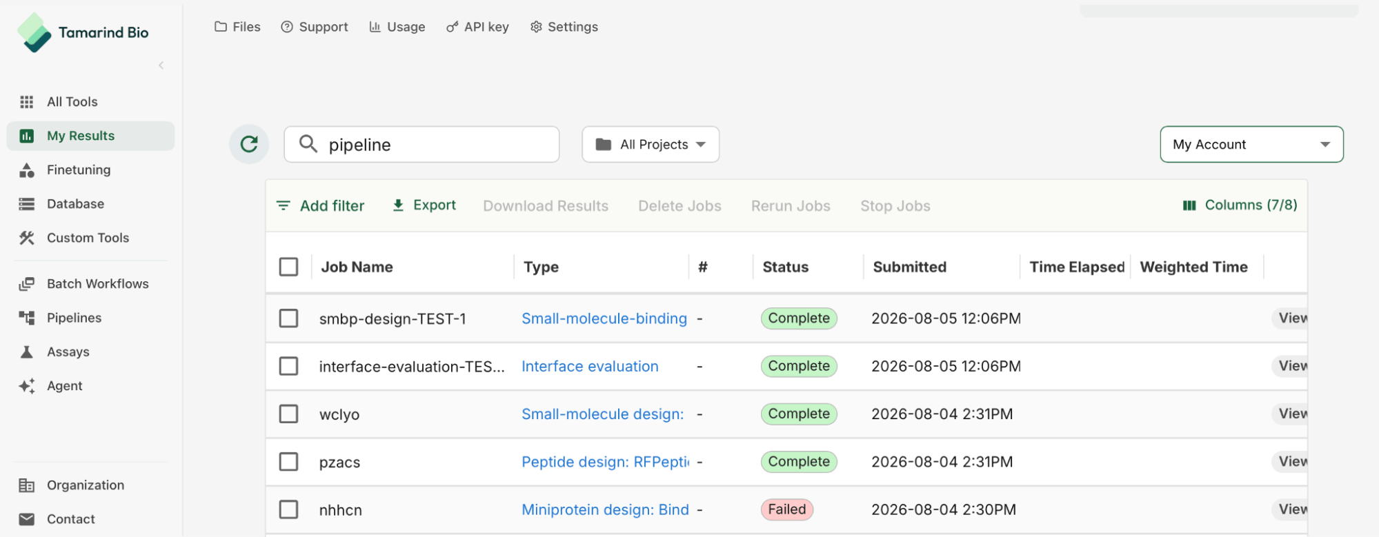 My Results tab filtered to "pipeline" — completed pipeline runs listed alongside other jobs, with type, status, and submission time.