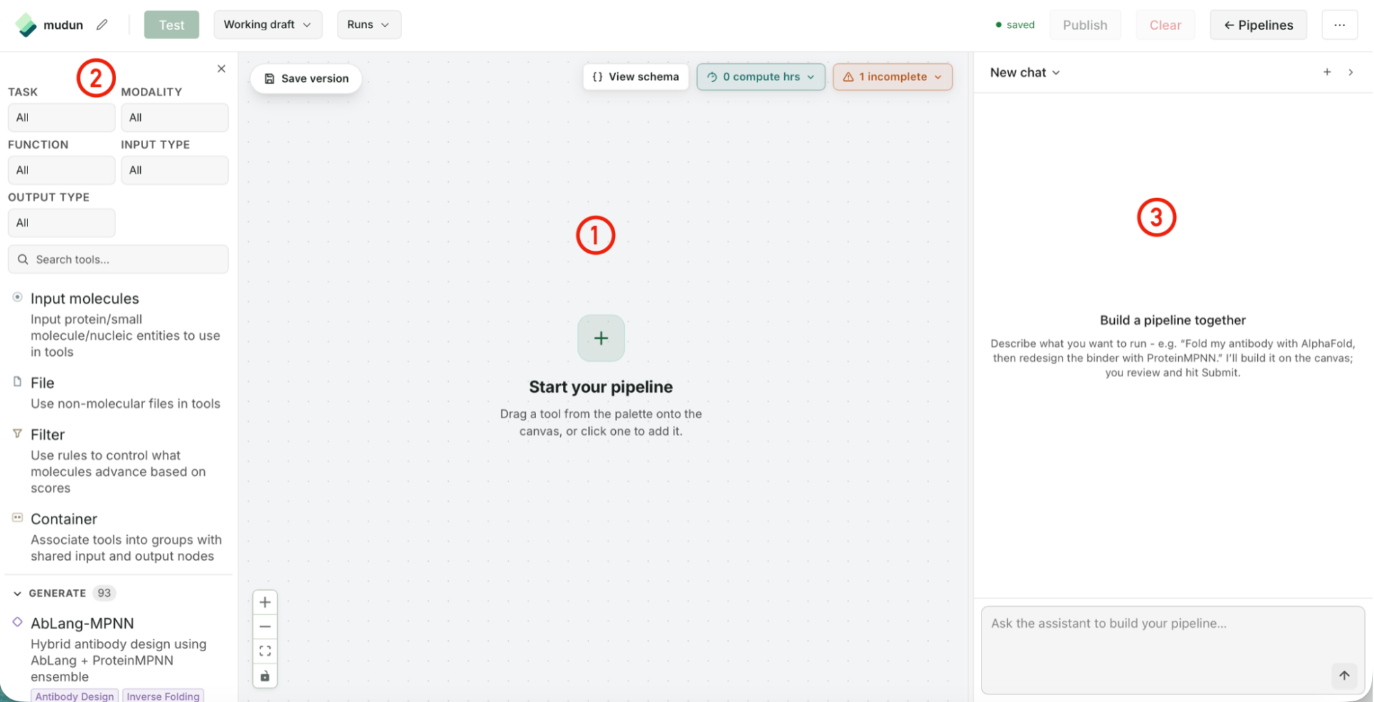 Empty pipeline editor: the canvas center (1), the tool search sidebar on the left (2), and the pipelines agent chat panel on the right (3).